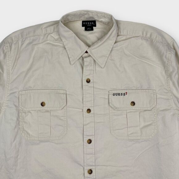 VINTAGE 90s Guess Shirt Mens Large Cream Twill Button Up Logo Casual Classic Fit - Picture 3 of 15